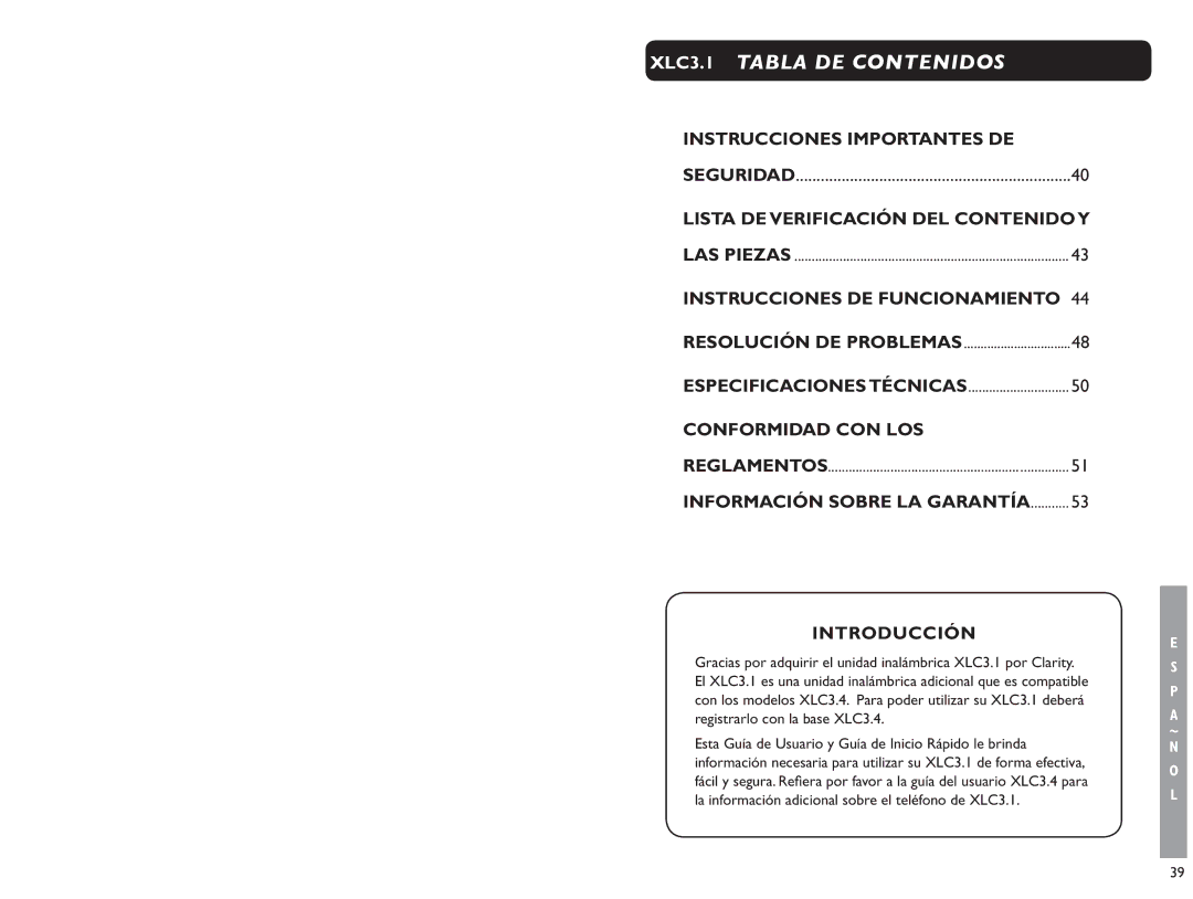 Clarity XLC 3.1 manual XLC3.1 Tabla DE Contenidos 