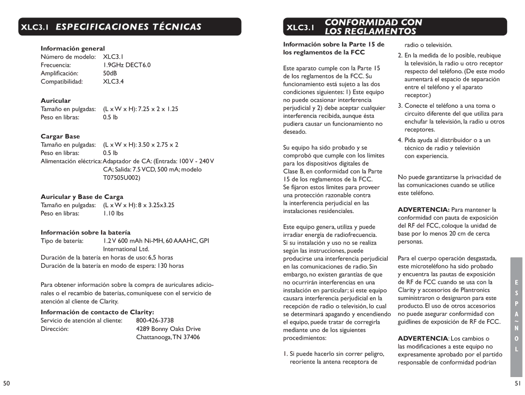 Clarity XLC 3.1 manual Información general, Auricular y Base de Carga, Información sobre la batería 