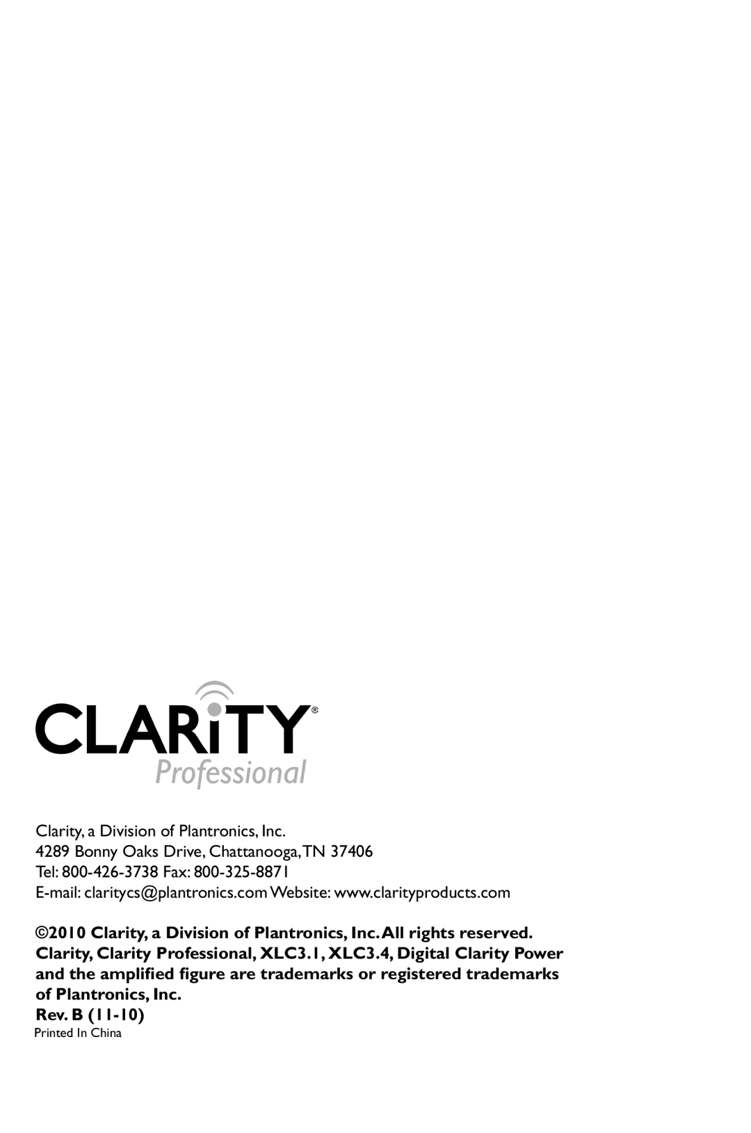 Clarity XLC 3.1 manual Clarity, a Division of Plantronics, Inc 