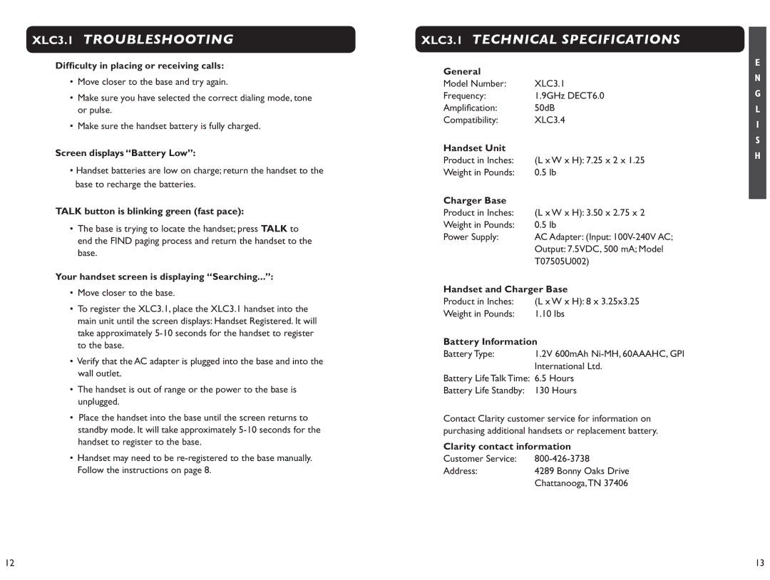 Clarity XLC 3.1 manual XLC3.1 Technical Specifications 