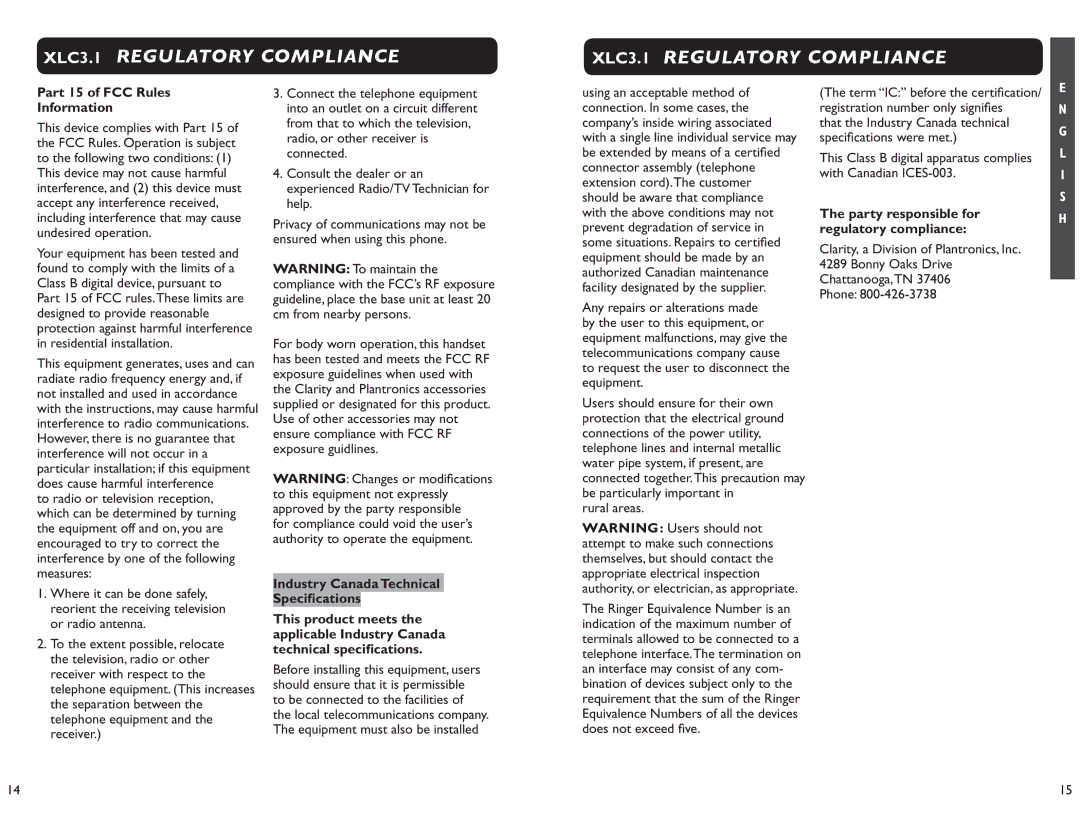 Clarity XLC 3.1 XLC3.1 Regulatory Compliance, Part 15 of FCC Rules Information, Industry Canada Technical Specifications 