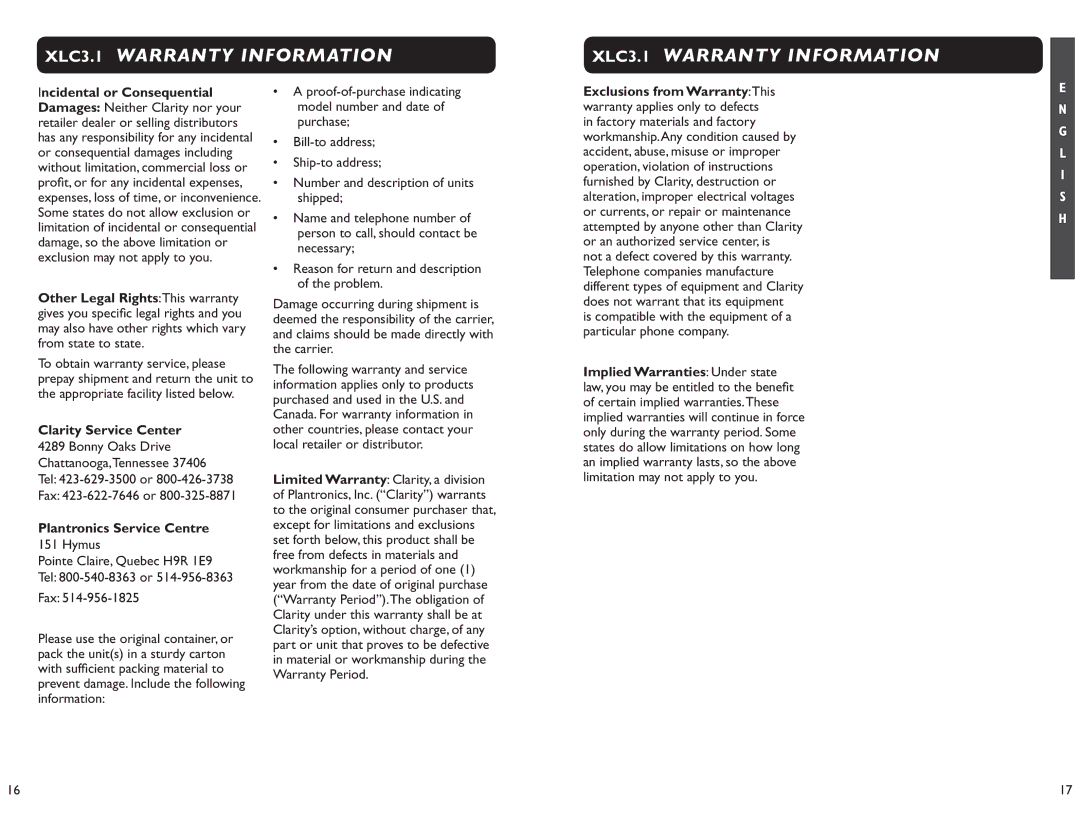 Clarity XLC 3.1 manual XLC3.1 Warranty Information, Incidental or Consequential, Clarity Service Center, Hymus 