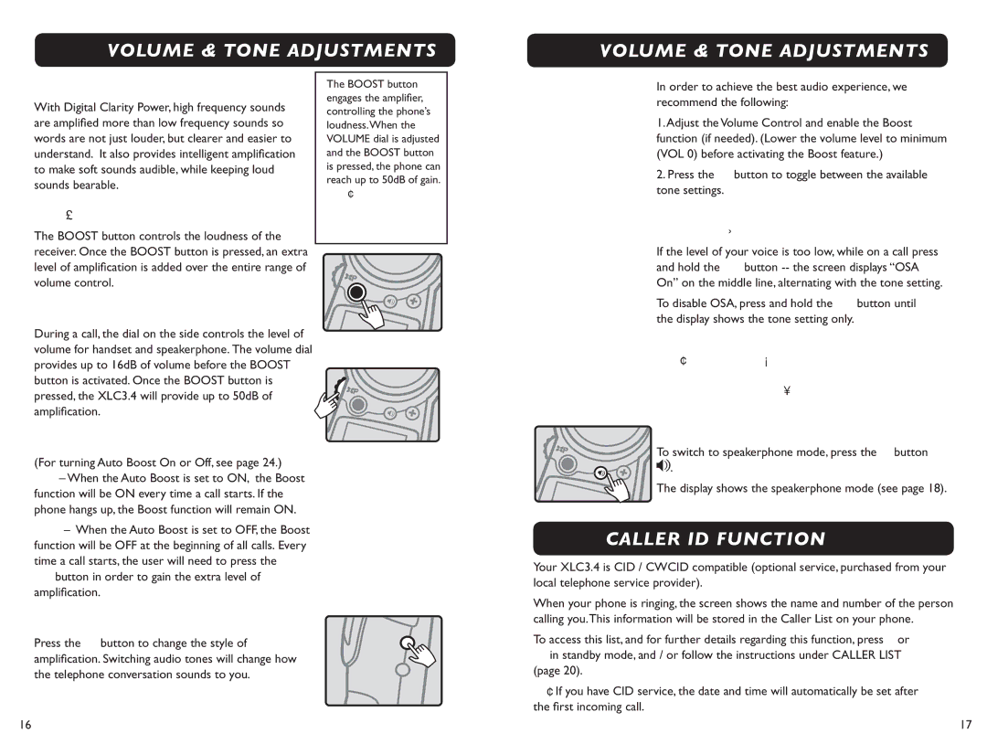 Clarity XLC 3.4 manual XLC3.4 Volume & Tone Adjustments, XLC3.4 Caller ID Function 