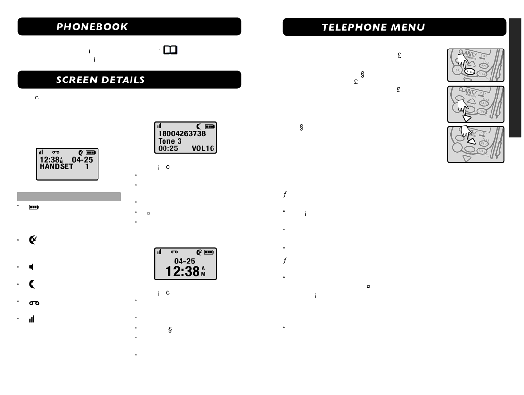 Clarity XLC 3.4 manual XLC3.4 Phonebook, XLC3.4 Screen Details, XLC3.4 Telephone Menu, Handset 