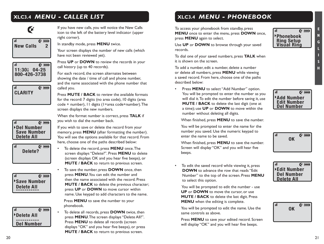 Clarity XLC 3.4 manual XLC3.4 Menu Caller List XLC3.4 Menu Phonebook, Clarity 