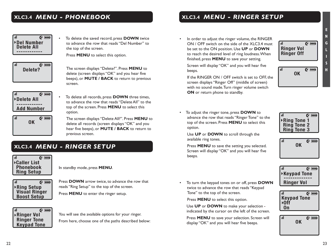 Clarity XLC 3.4 manual XLC3.4 Menu Phonebook XLC3.4 Menu Ringer Setup, Delete? Delete All Add Number, Ring Tone 