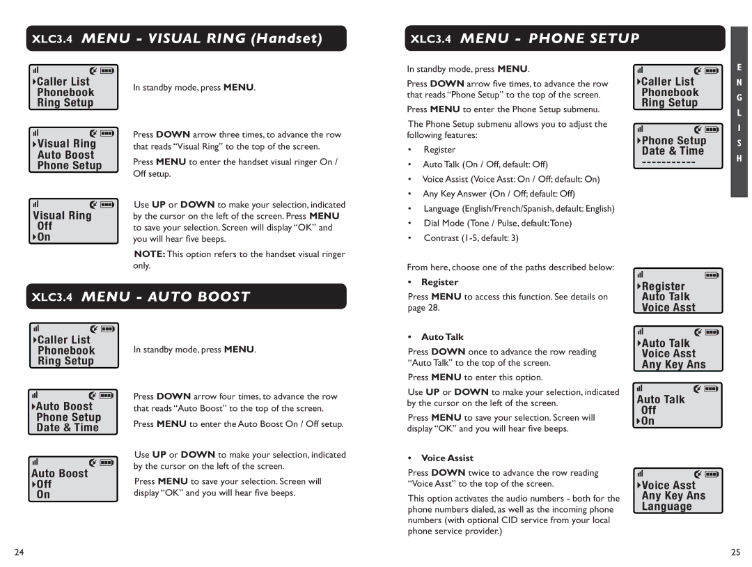 Clarity XLC 3.4 XLC3.4 Menu Phone Setup, XLC3.4 Menu Auto Boost, Caller List Phonebook Ring Setup, Phone Setup Date & Time 