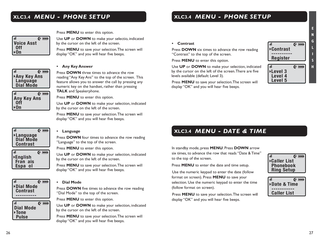 Clarity XLC 3.4 manual XLC3.4 Menu Date & Time, Voice Asst Off Any Key Ans Language Dial Mode 