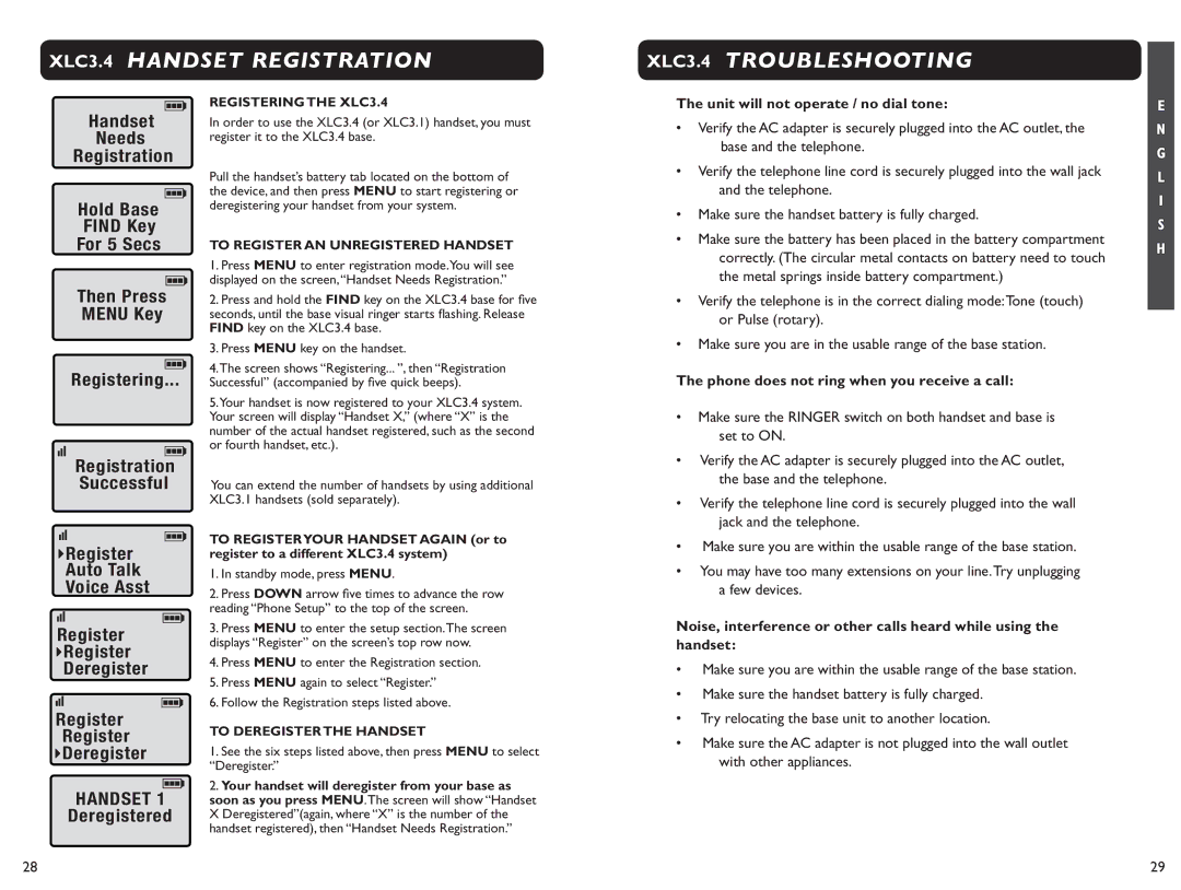 Clarity XLC 3.4 manual XLC3.4 Handset Registration XLC3.4 Troubleshooting, Then Press Menu Key Registering 