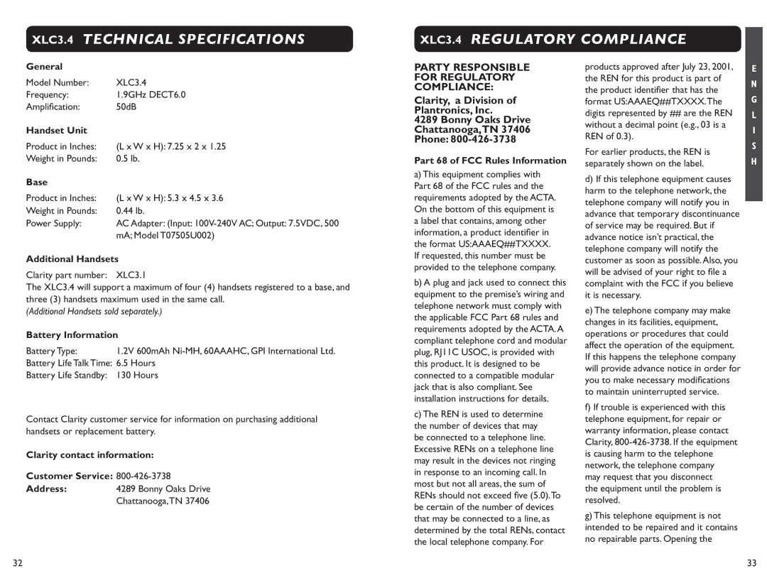 Clarity XLC 3.4 manual Party Responsible for Regulatory Compliance 