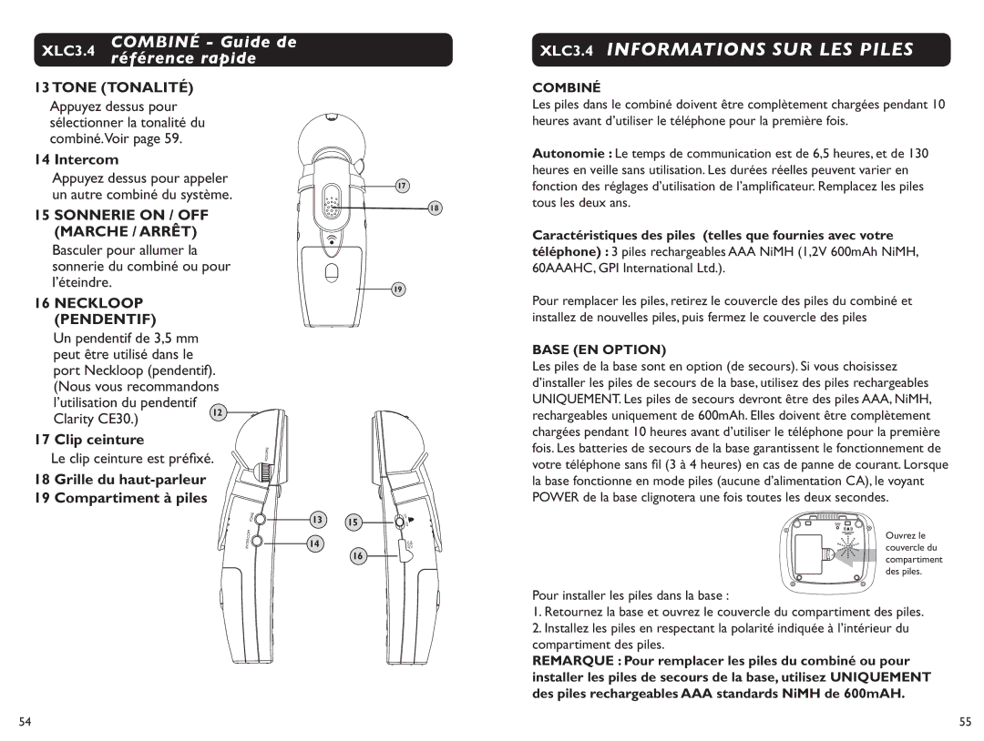 Clarity XLC 3.4 XLC3.4 Informations SUR LES Piles, Tone Tonalité, Sonnerie on / OFF Marche / Arrêt, Neckloop Pendentif 