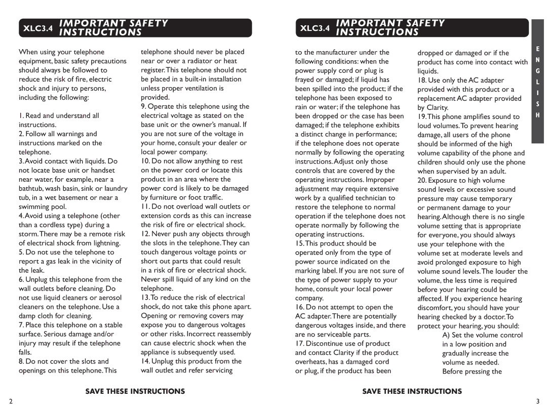 Clarity XLC 3.4 manual XLC3.4 Important Safety Instructions, Do not cover the slots and openings on this telephone.This 