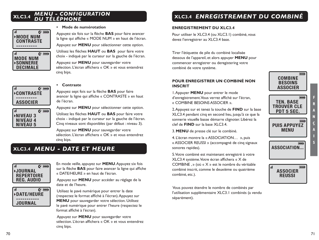 Clarity XLC 3.4 manual XLC3.4 Enregistrement DU Combiné, XLC3.4 Menu Date ET Heure 