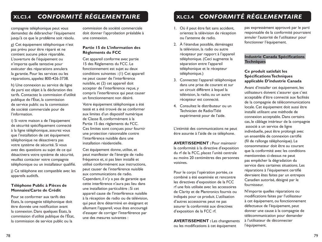 Clarity XLC 3.4 Téléphone Public à Pièces de Monnaies/Carte de Crédit, Partie 15 de L’information des Règlements du FCC 