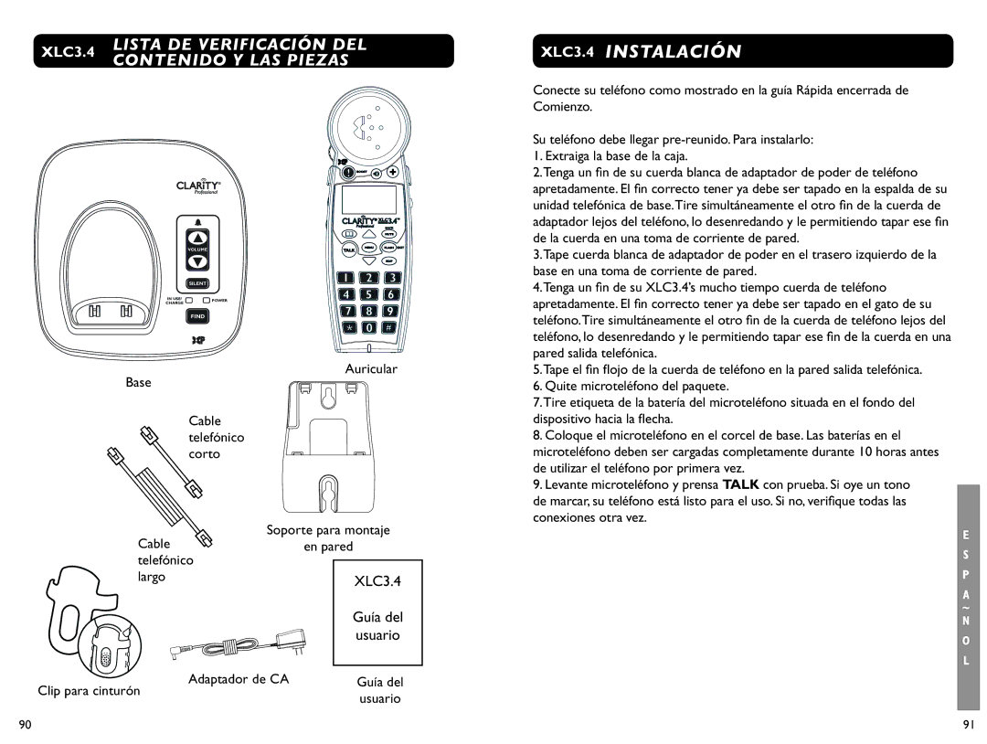 Clarity XLC 3.4 manual XLC3.4 Instalación, XLC3.4 Lista DE Verificación DEL Contenido Y LAS Piezas, Soporte para montaje 