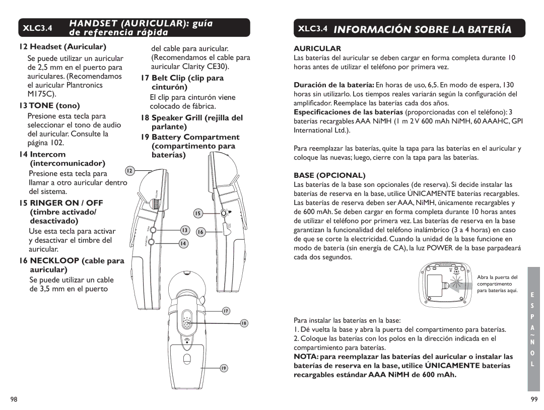 Clarity XLC 3.4 manual XLC3.4 Información Sobre LA Bateríaa 