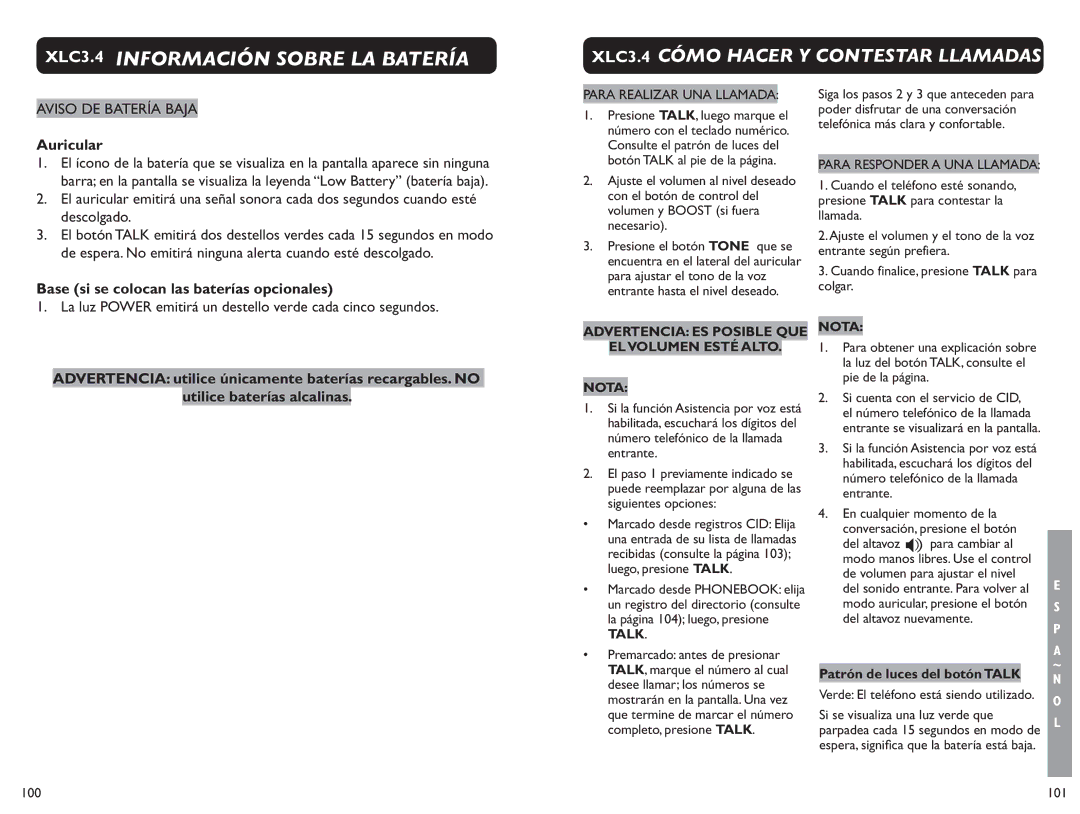 Clarity XLC 3.4 manual Auricular, Base si se colocan las baterías opcionales, Patrón de luces del botón Talk, 101 