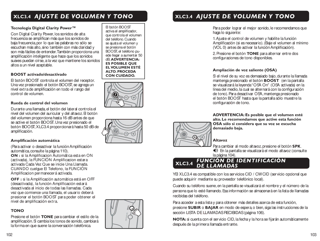 Clarity XLC 3.4 manual XLC3.4 Ajuste DE Volumen Y Tono, Función DE Identificación XLC3.4 DE Llamadas 