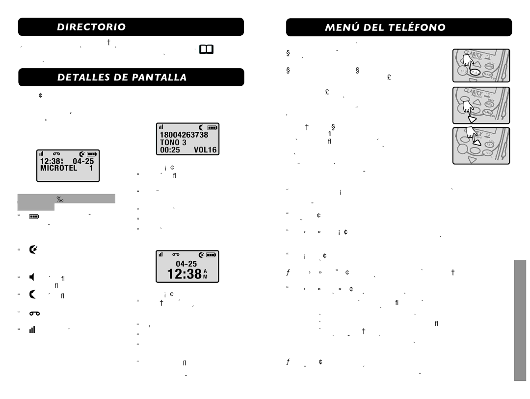 Clarity XLC 3.4 manual XLC3.4 Directorio XLC3.4 Menú DEL Teléfono, XLC3.4 Detalles DE Pantalla, Microtel, Tono 0025 VOL16 