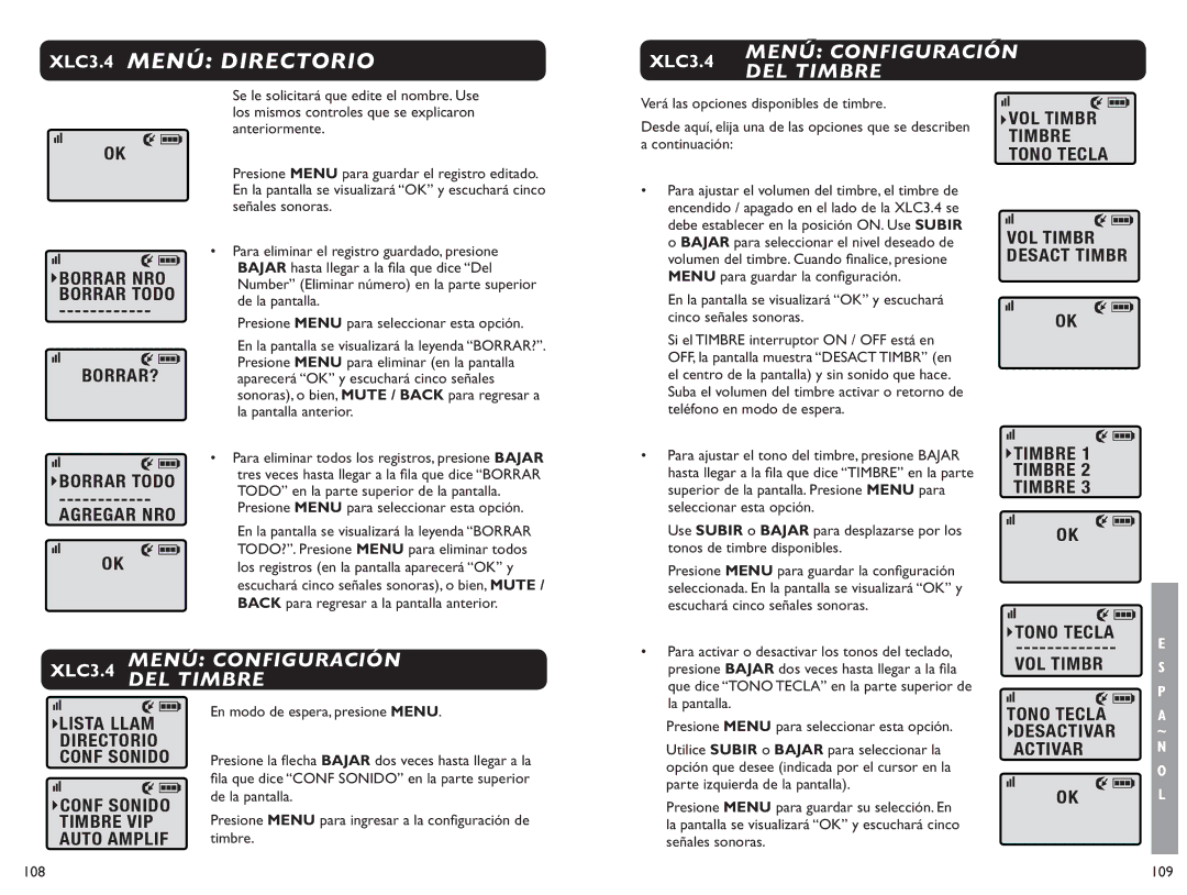 Clarity XLC 3.4 manual XLC3.4 Menú Configuración DEL Timbre, Borrar?, Tono Tecla VOL Timbr, Tono Tecla Desactivar Activar 