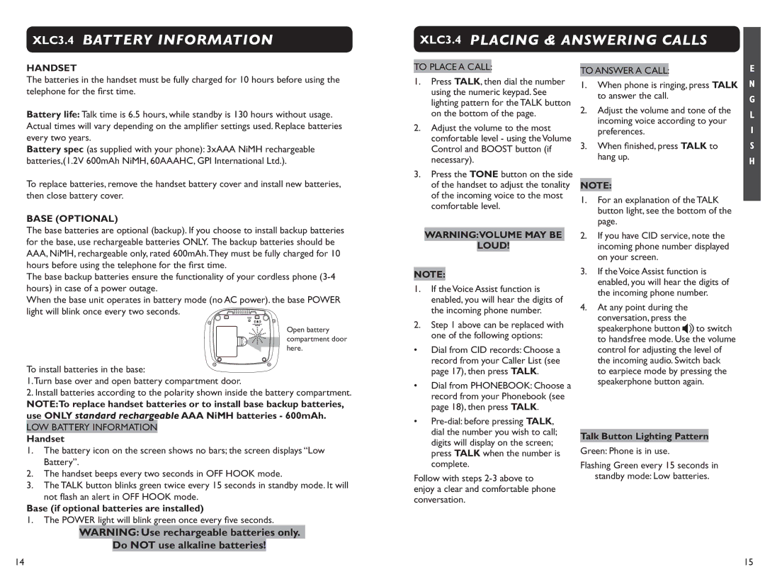 Clarity XLC 3.4 XLC3.4 Battery Information XLC3.4 Placing & Answering Calls, Do not use alkaline batteries, Handset, Loud 