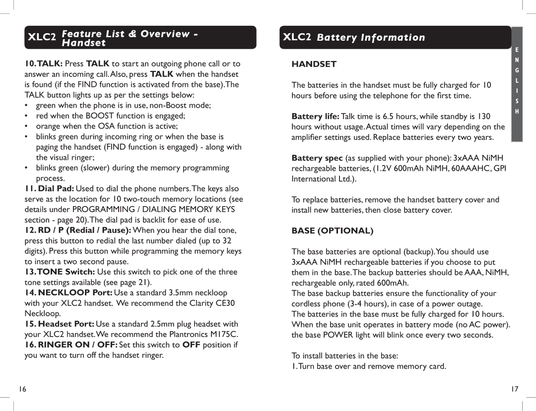 Clarity manual XLC2 Battery Information, Amplifier settings used. Replace batteries every two years 