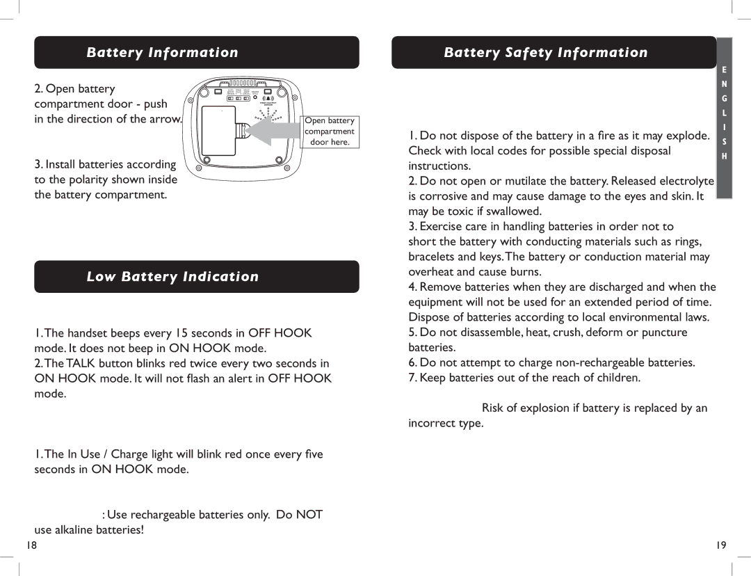 Clarity XLC2 Battery Safety Information, XLC2 Low Battery Indication, Handset, Base if optional batteries are installed 