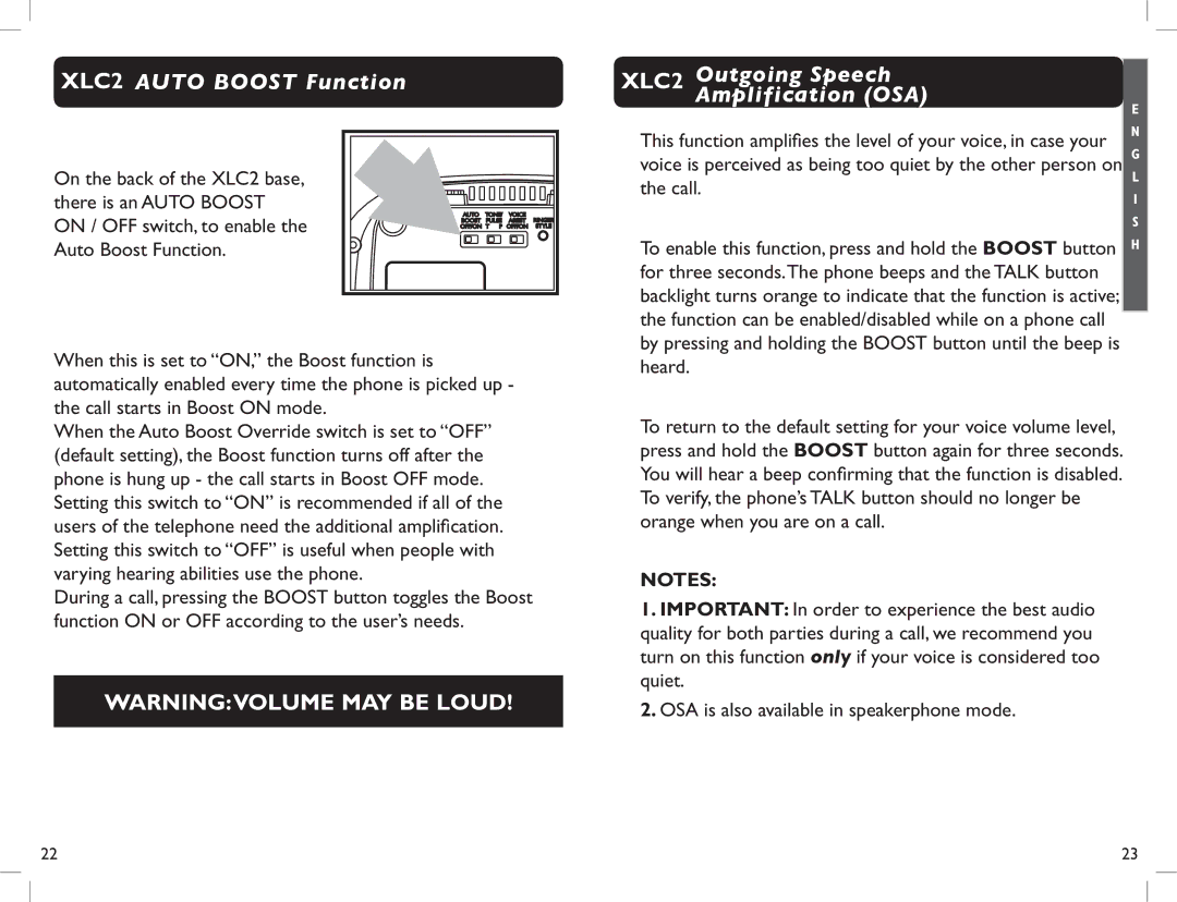 Clarity manual XLC2 Auto Boost Function, XLC2 Outgoing Speech Amplification OSA, Call, Heard 