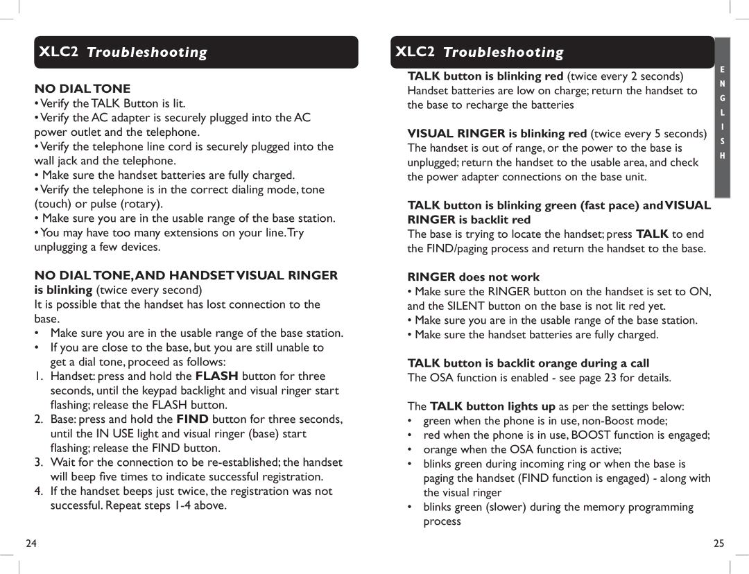 Clarity manual XLC2 Troubleshooting, Talk button is blinking red twice every 2 seconds, Ringer does not work 