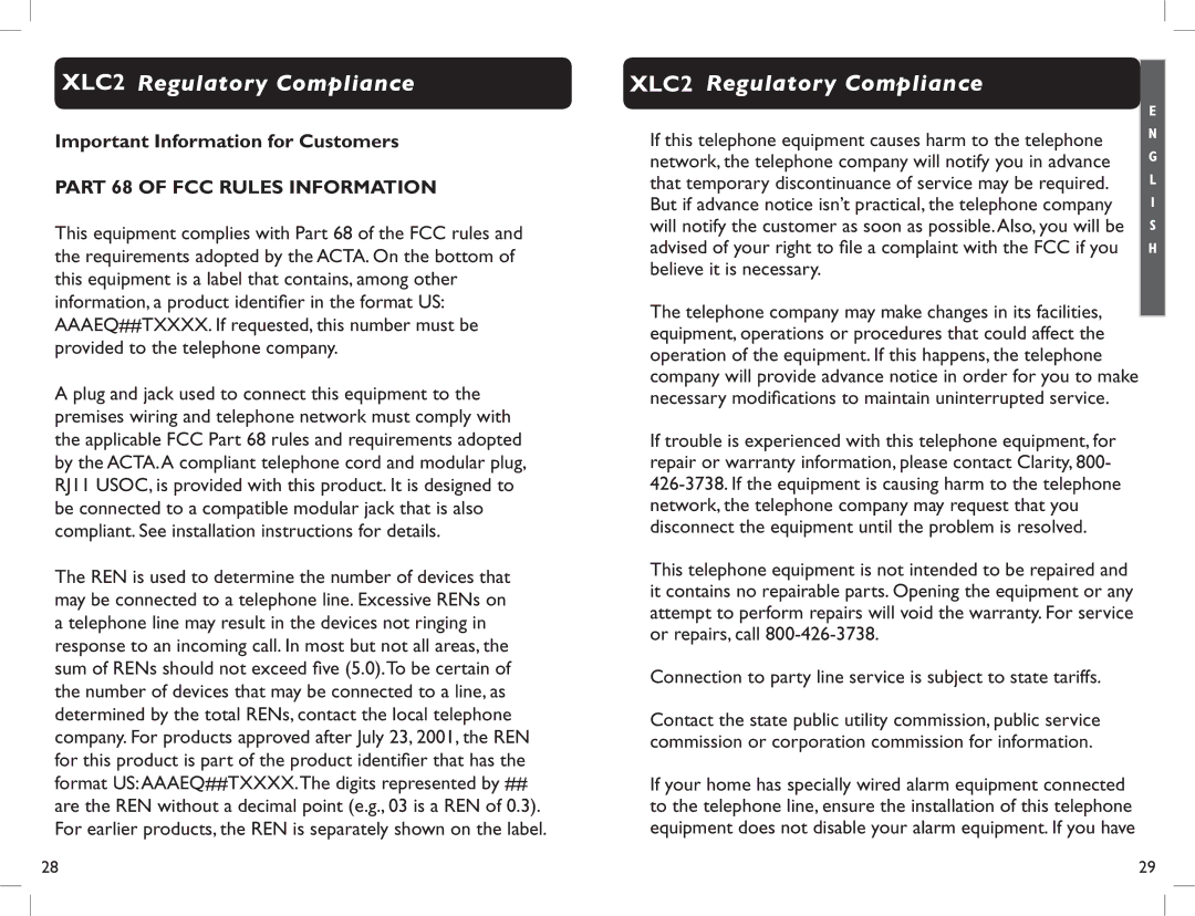 Clarity manual XLC2 Regulatory Compliance, Important Information for Customers 