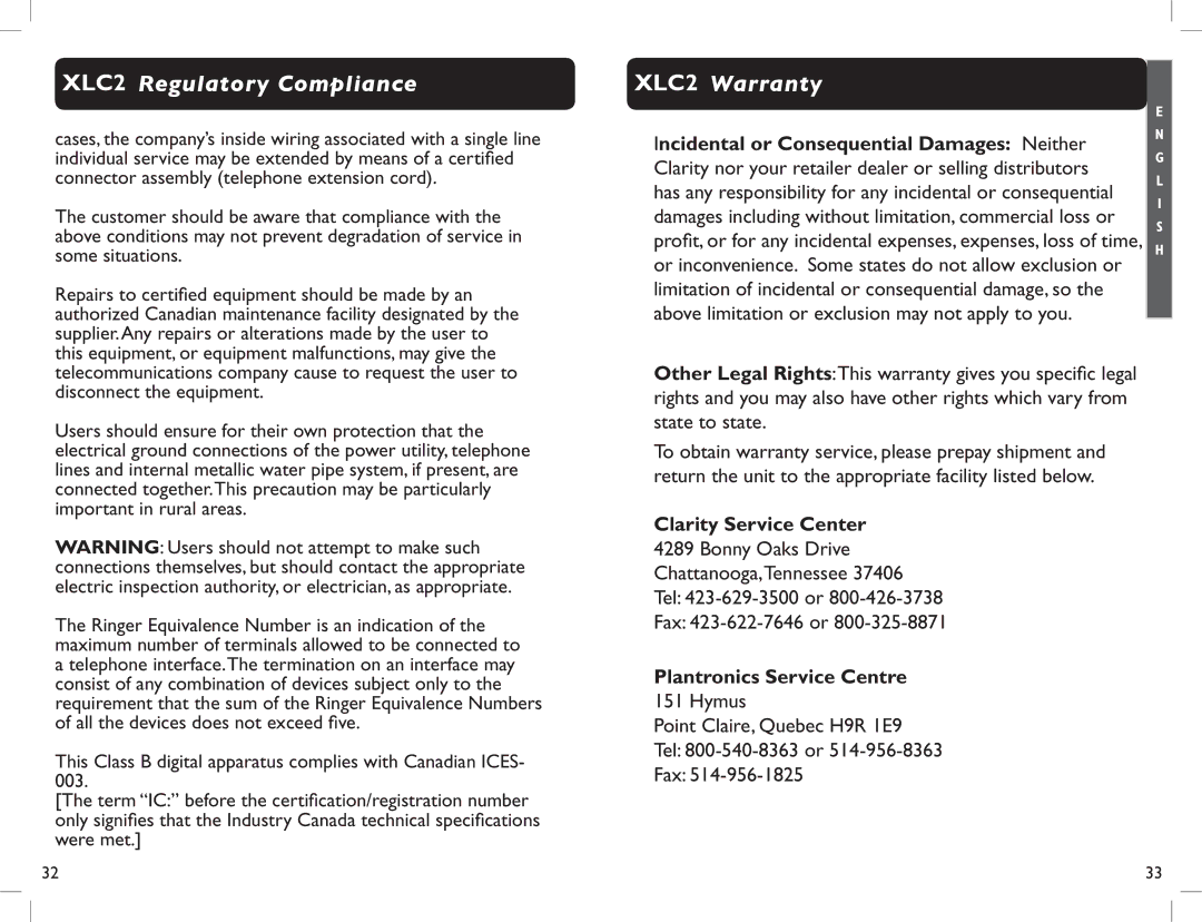 Clarity XLC2 Warranty, Incidental or Consequential Damages Neither, Clarity Service Center, Plantronics Service Centre 