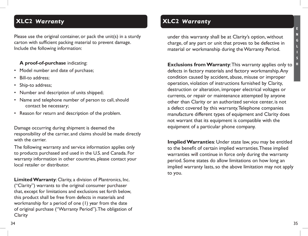 Clarity XLC2 manual Proof-of-purchase indicating 