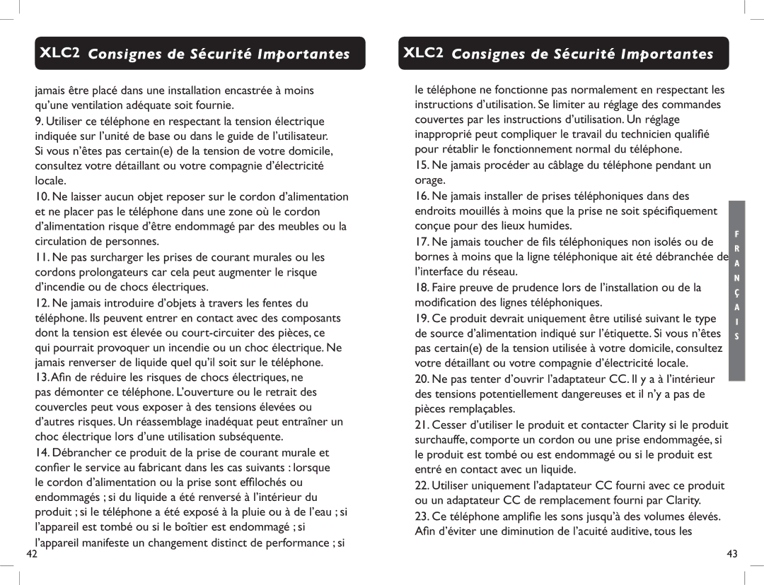 Clarity XLC2 Afin de réduire les risques de chocs électriques, ne, Pour rétablir le fonctionnement normal du téléphone 