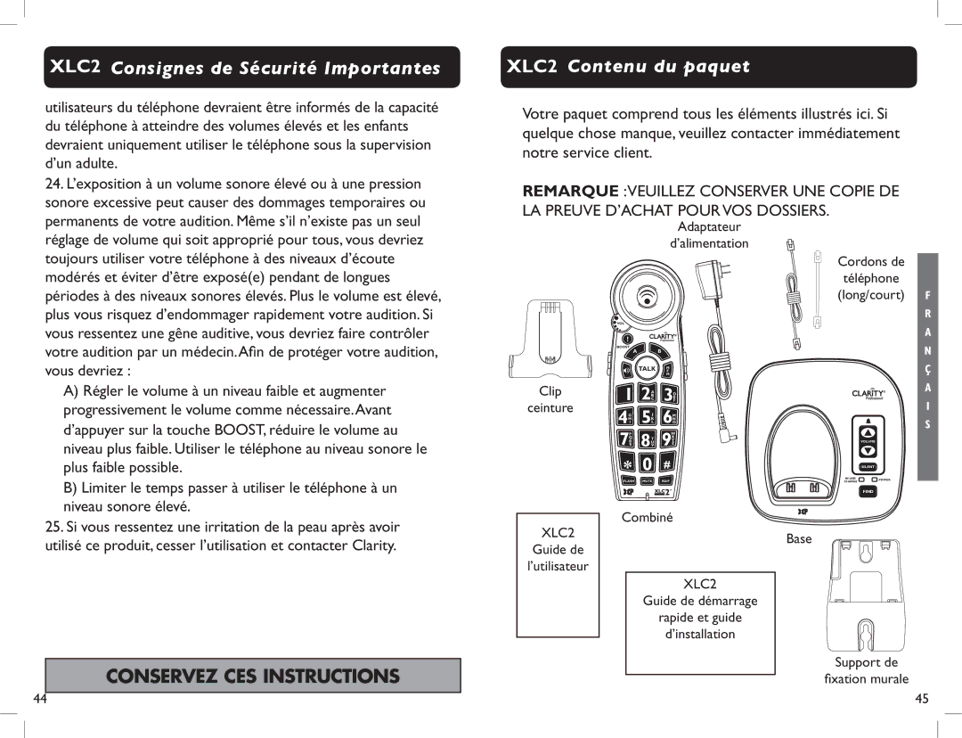 Clarity manual XLC2 Contenu du paquet 