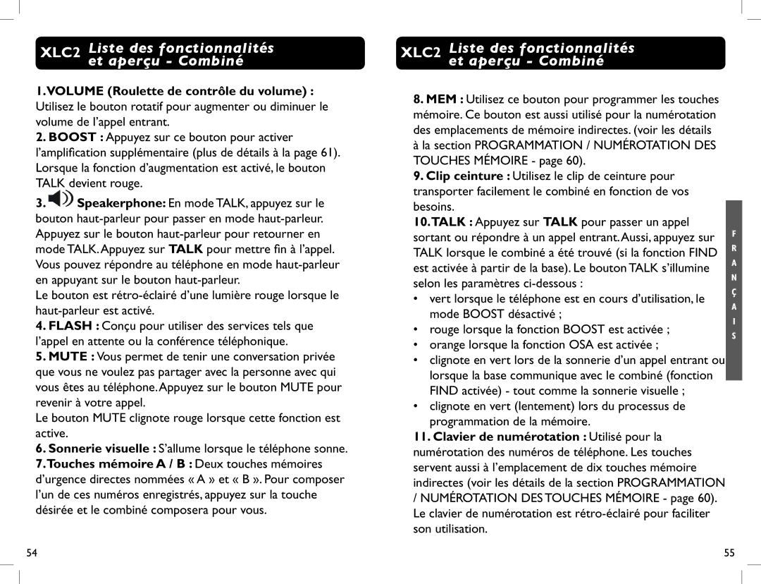 Clarity XLC2 manual Selon les paramètres ci-dessous, Vert lorsque le téléphone est en cours d’utilisation, le 