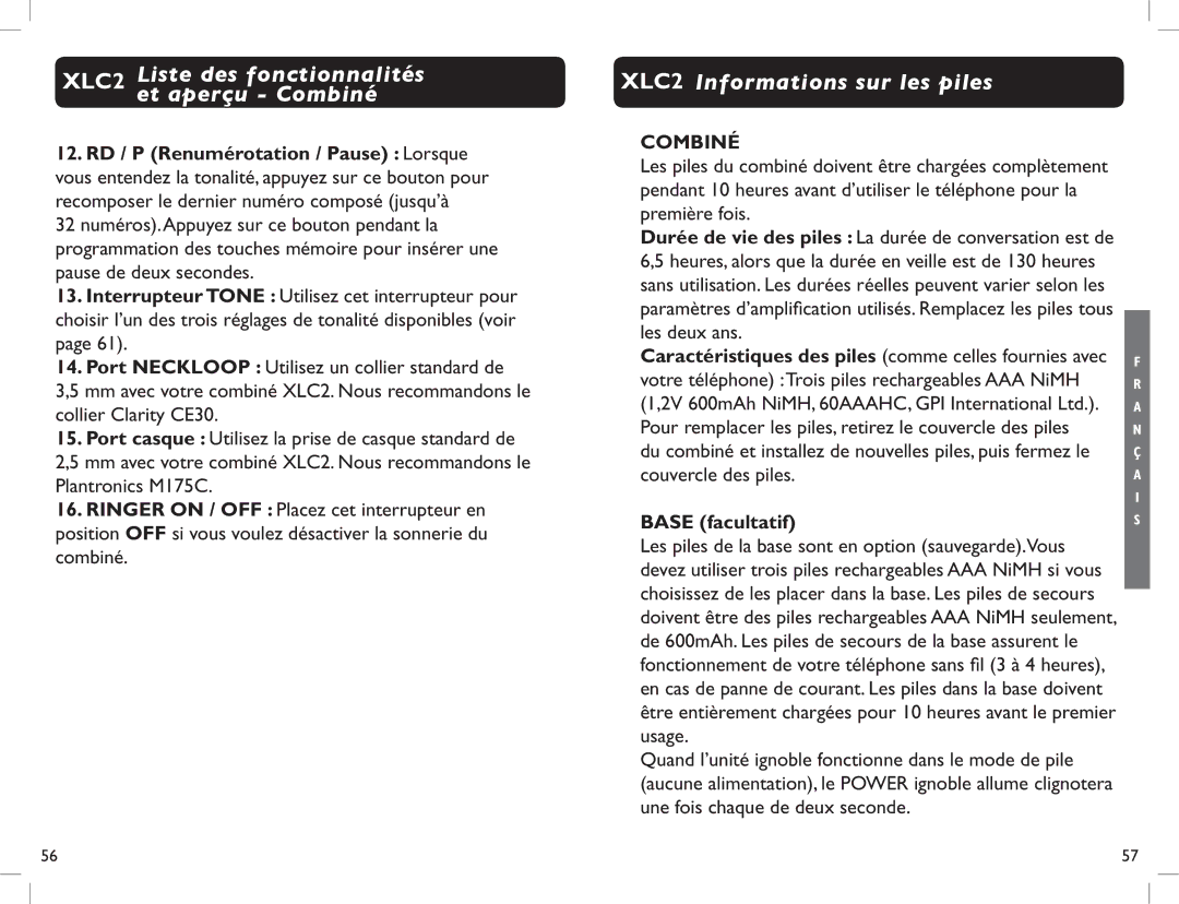 Clarity manual XLC2 Informations sur les piles, Base facultatif 