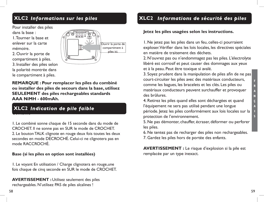 Clarity manual XLC2 Indication de pile faible, Jetez les piles usagées selon les instructions, Combiné 