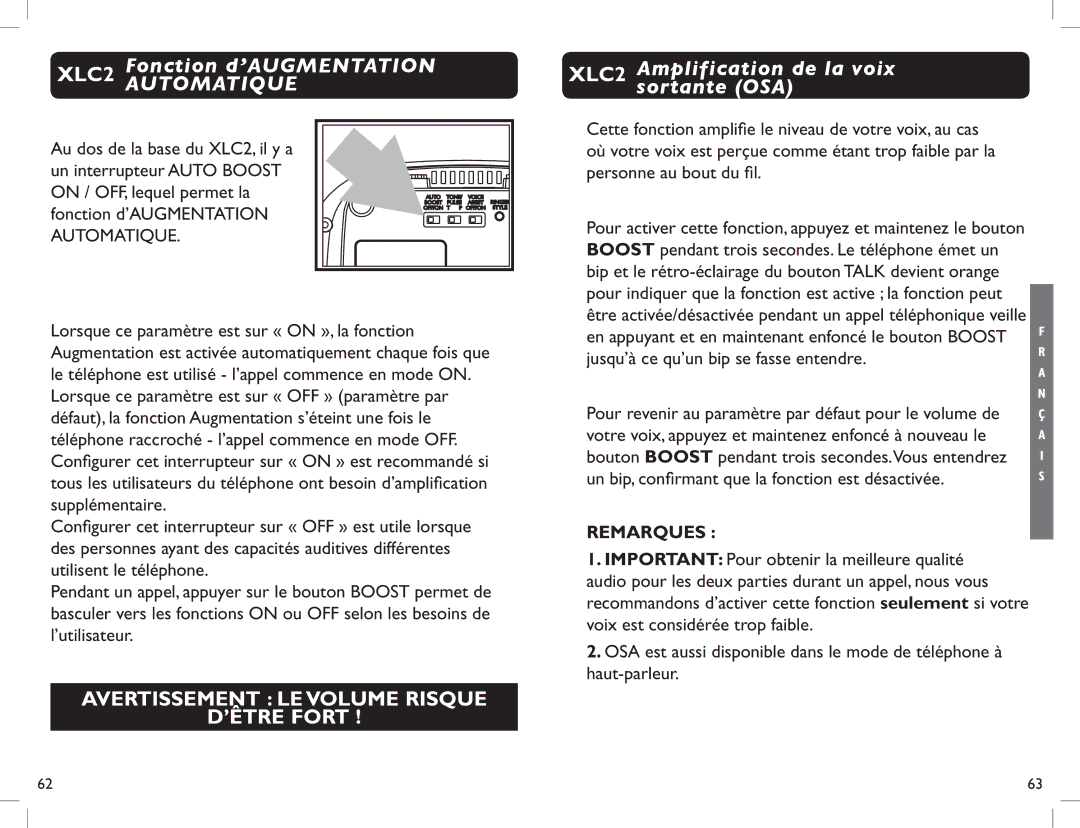 Clarity manual XLC2 Fonction d’AUGMENTATION, XLC2 Amplification de la voix Sortante OSA 