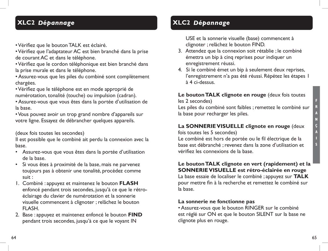 Clarity manual XLC2 Dépannage, La sonnerie ne fonctionne pas 