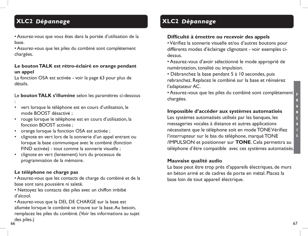 Clarity XLC2 manual Difficulté à émettre ou recevoir des appels, Impossible d’accéder aux systèmes automatisés 