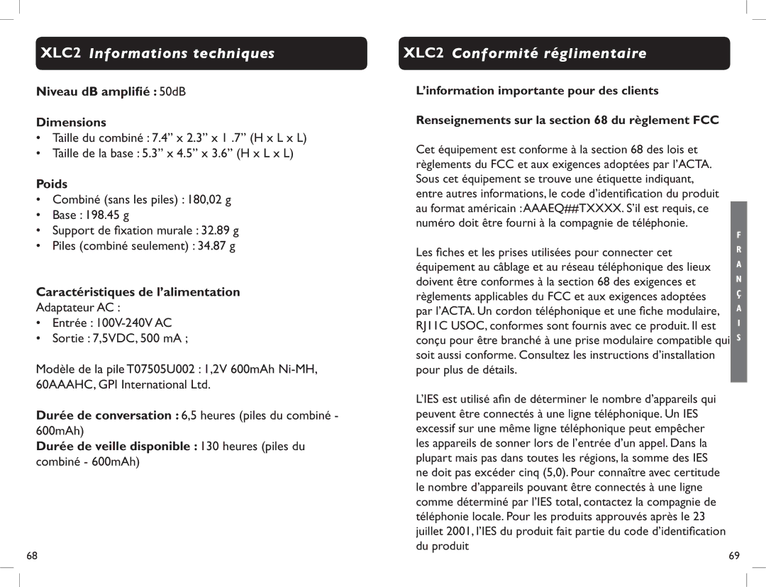 Clarity manual XLC2 Informations techniques, XLC2 Conformité réglimentaire, Niveau dB amplifié 50dB Dimensions, Poids 