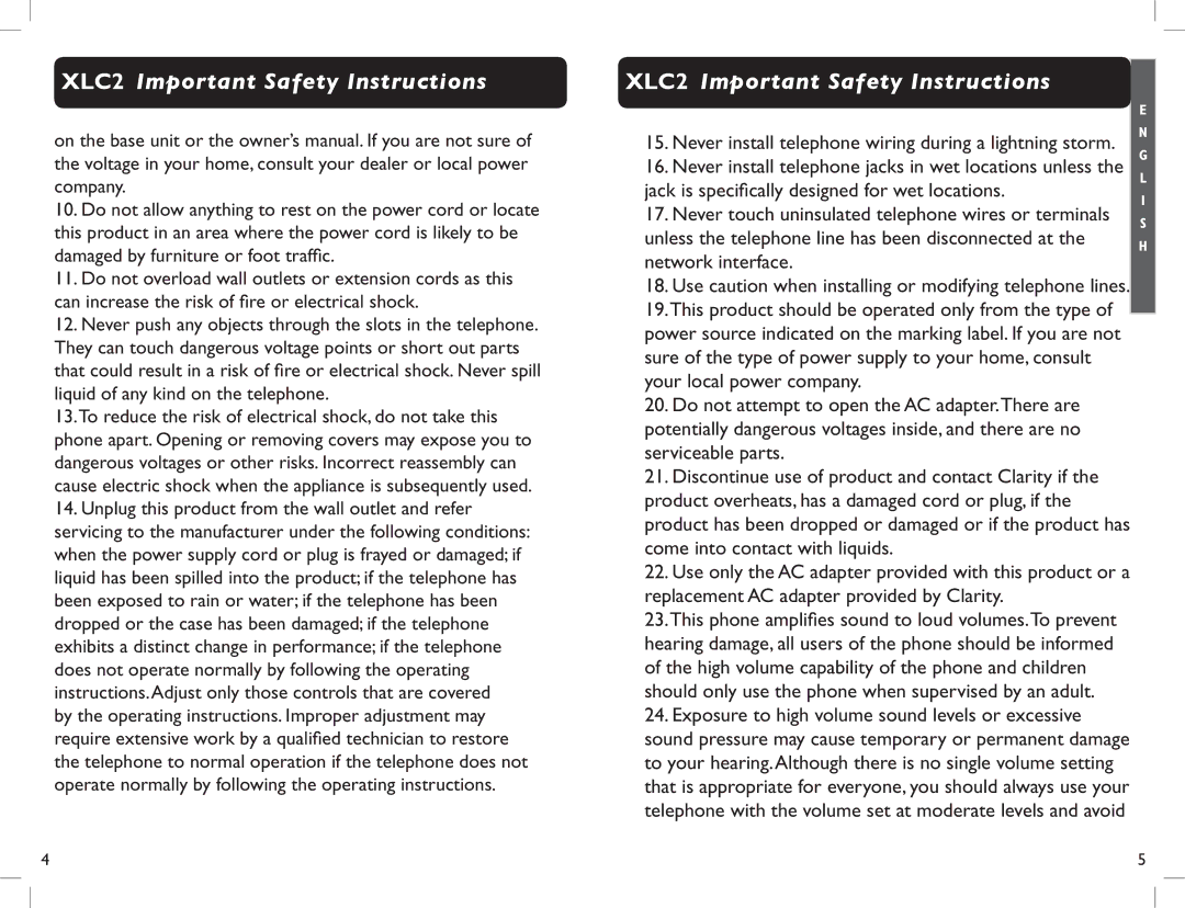 Clarity XLC2 manual Use caution when installing or modifying telephone lines 