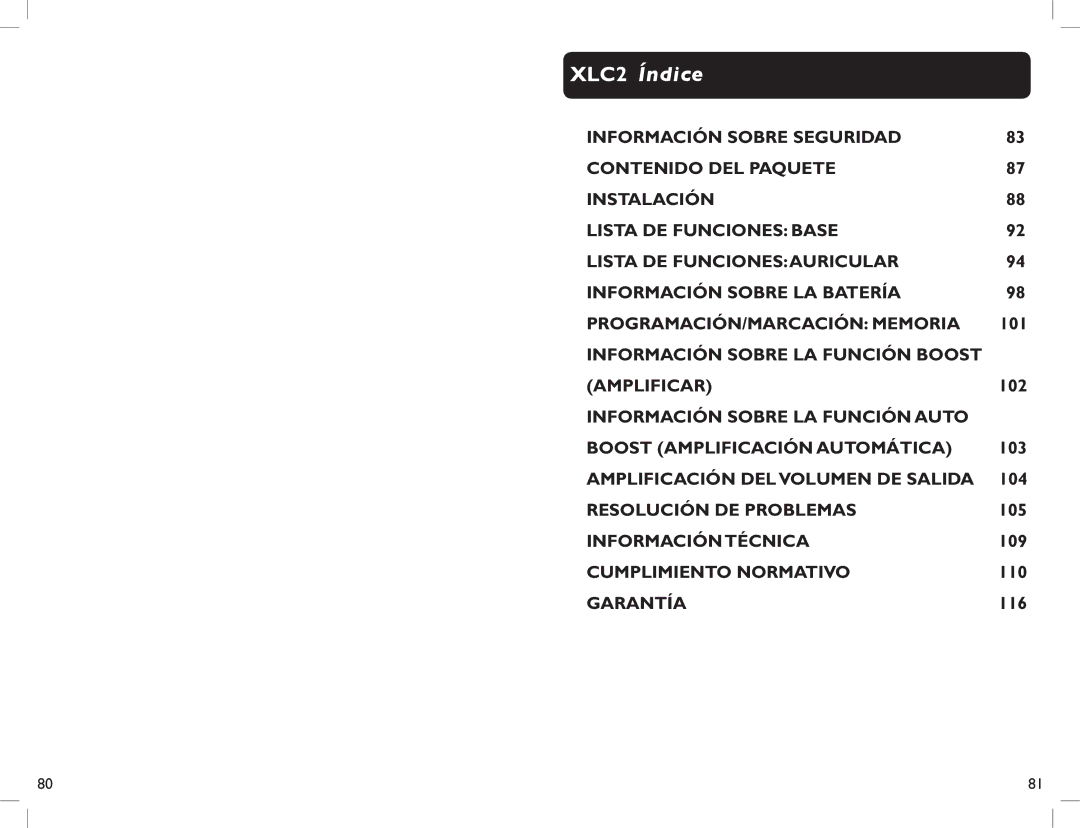 Clarity manual XLC2 Índice 