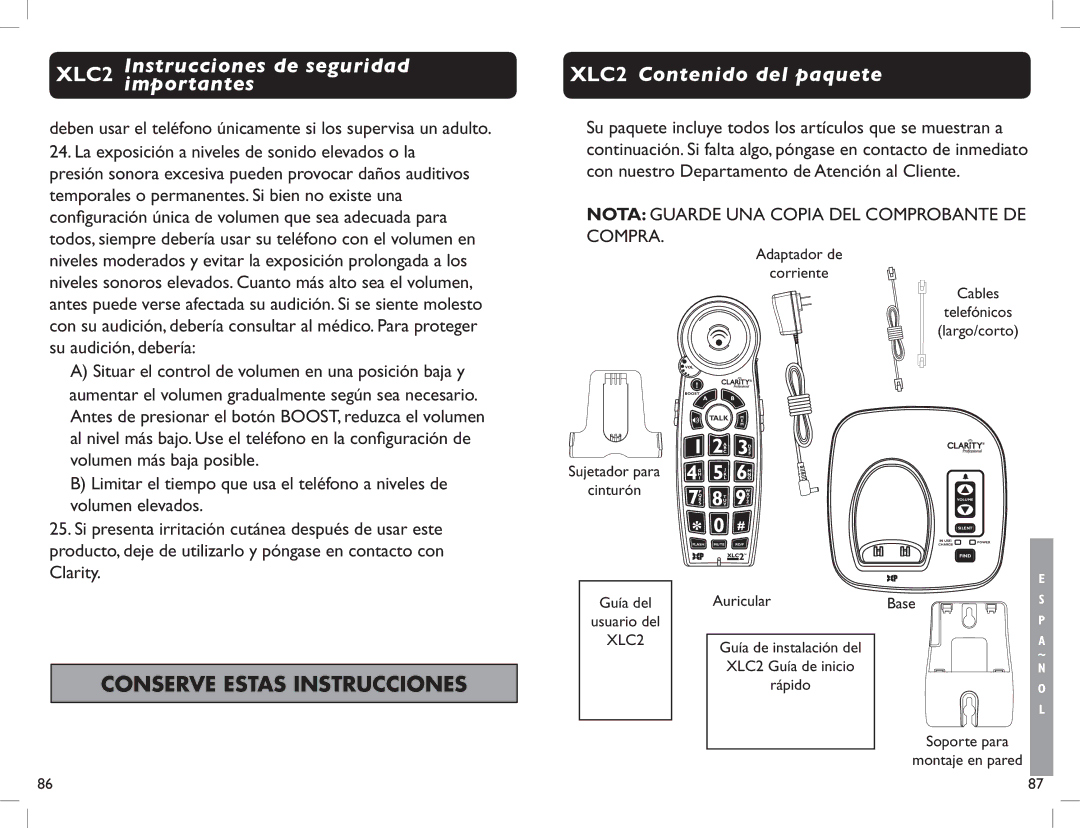 Clarity manual XLC2 Contenido del paquete 