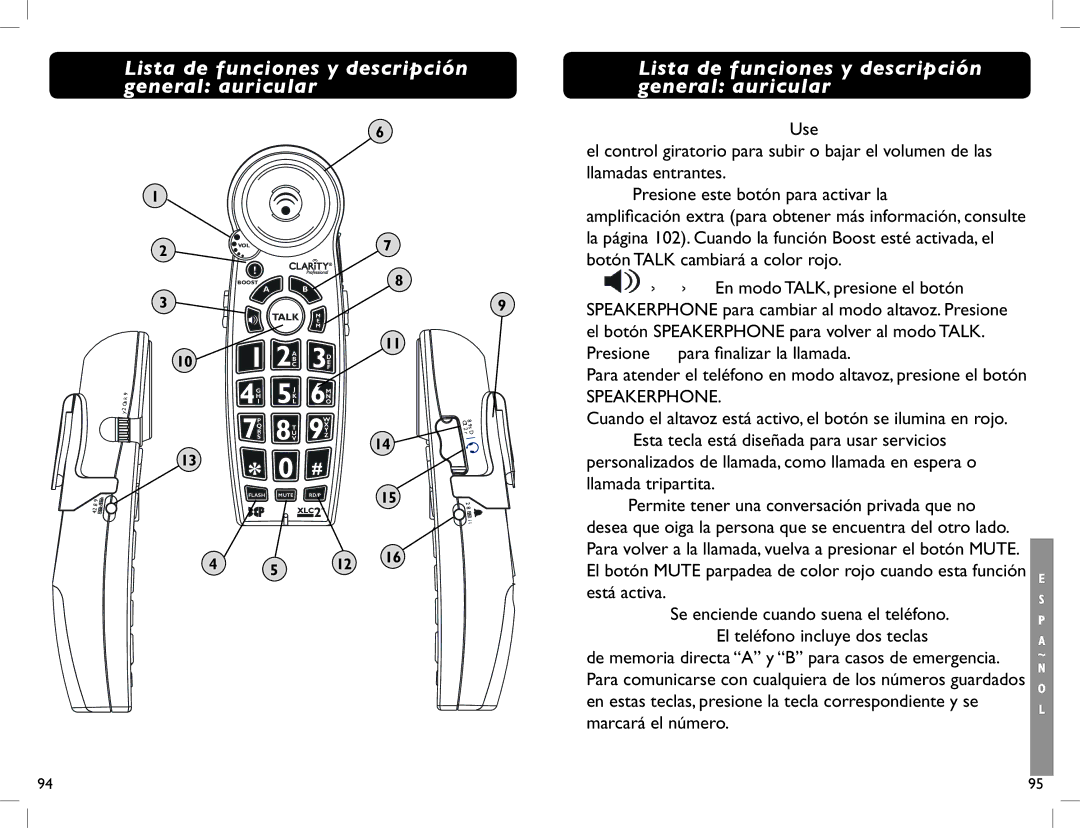 Clarity manual XLC2 Lista de funciones y descripción general auricular, Speakerphone En modo TALK, presione el botón 