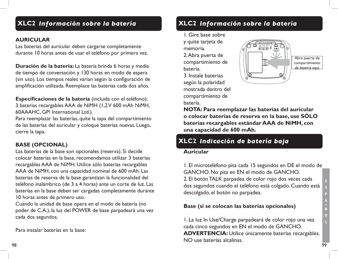 Clarity manual XLC2 Información sobre la batería, XLC2 Indicación de batería baja, Auricular 