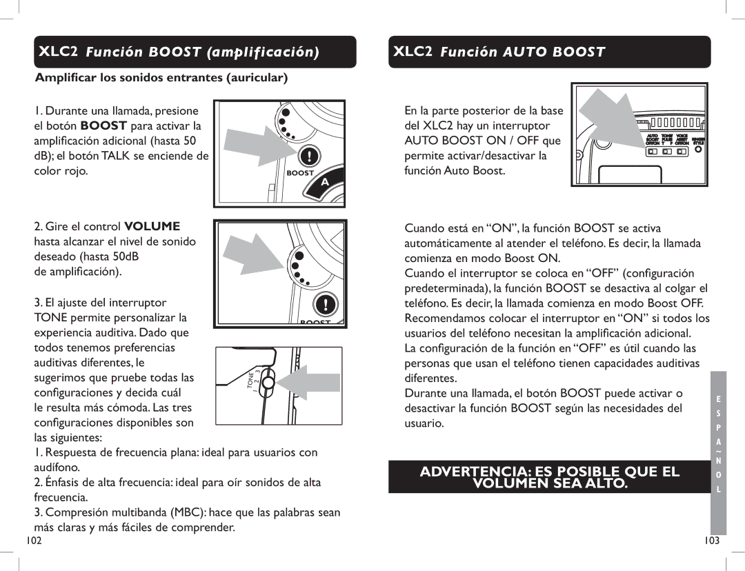 Clarity manual XLC2 Función Boost amplificación, XLC2 Función Auto Boost, Amplificar los sonidos entrantes auricular 