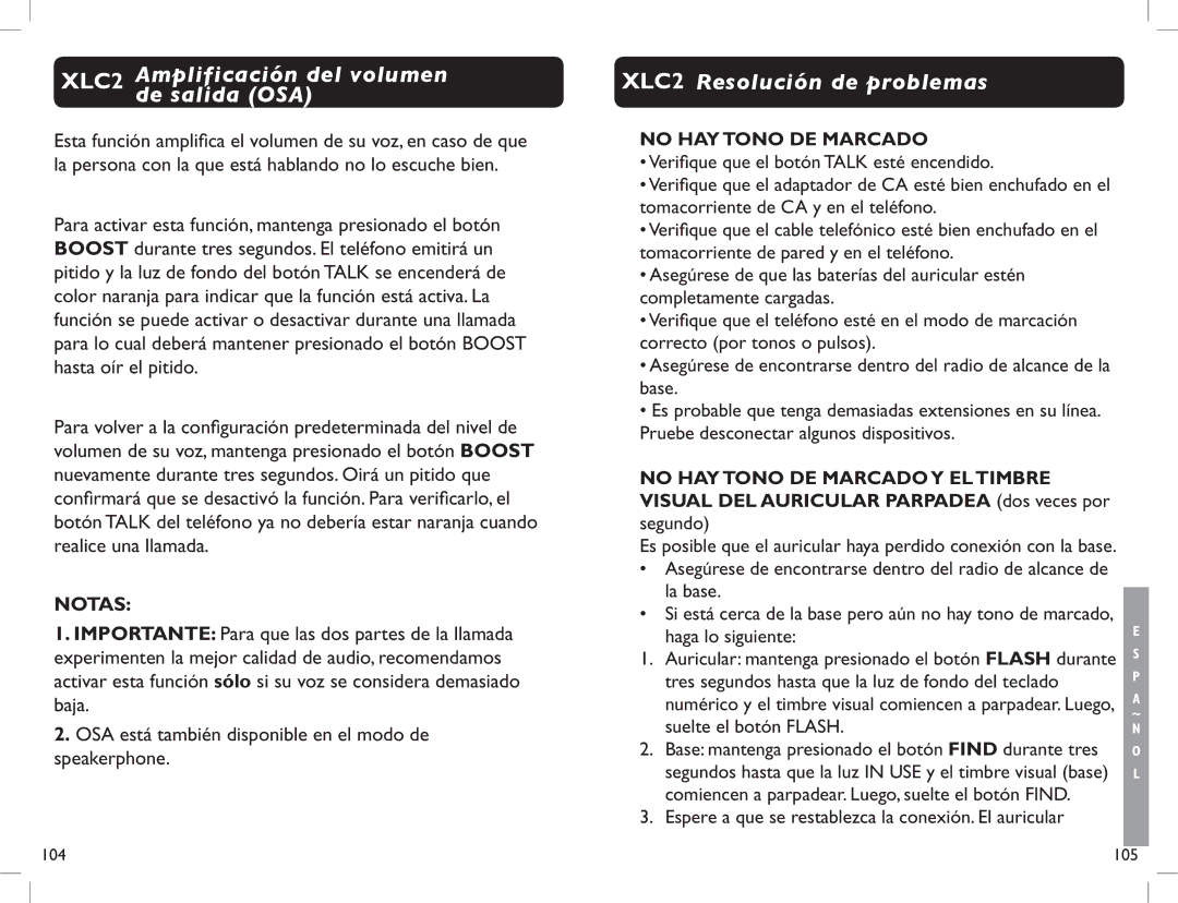 Clarity manual XLC2 Amplificación del volumen de salida OSA, XLC2 Resolución de problemas, Suelte el botón Flash 