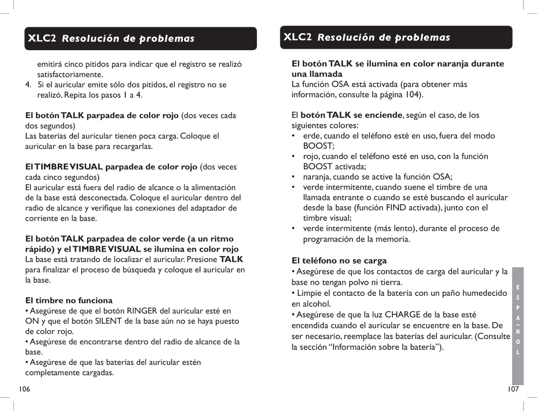 Clarity XLC2 Erde, cuando el teléfono esté en uso, fuera del modo, El botón Talk parpadea de color rojo dos veces cada 