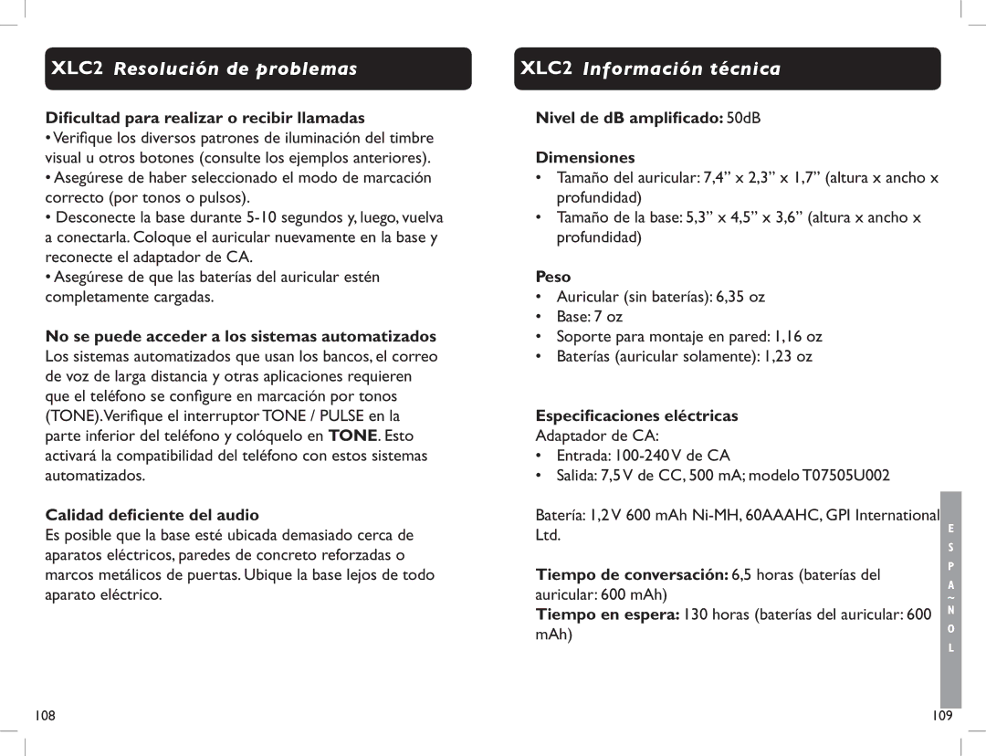 Clarity manual XLC2 Información técnica 